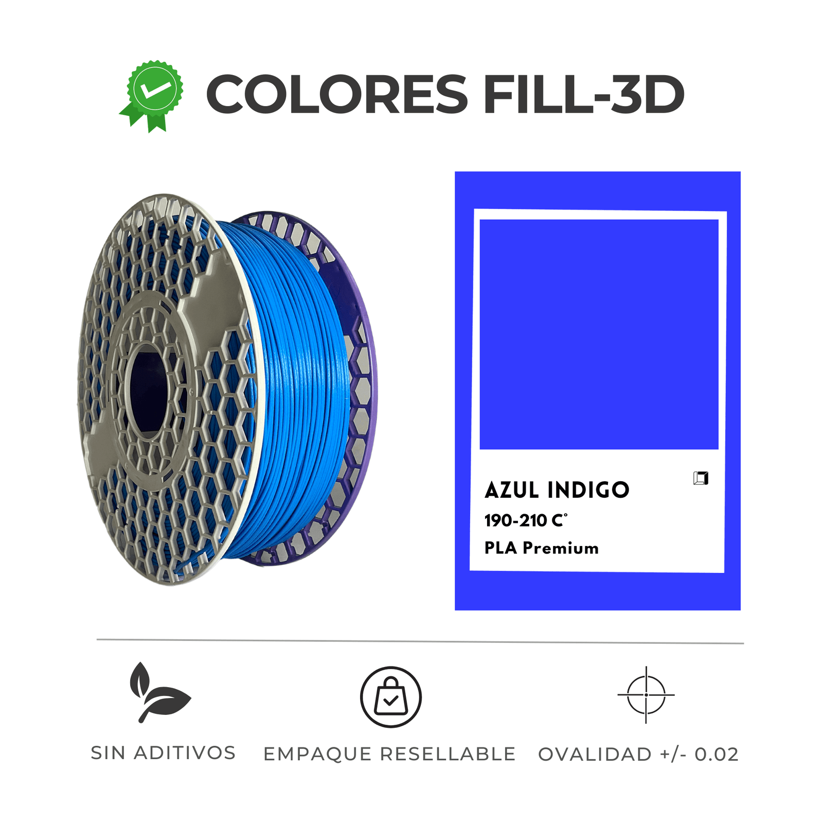 Filamento PLA 1.75 mm Color Azul sin aditivos Fill-3d